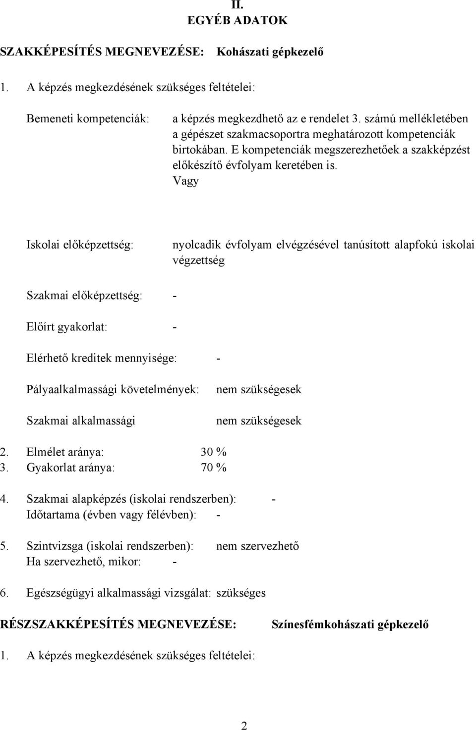 Vagy Iskolai előképzettség: Szakmai előképzettség: Előírt gyakorlat: nyolcadik évfolyam elvégzésével tanúsított alapfokú iskolai végzettség - - Elérhető kreditek mennyisége: - Pályaalkalmassági