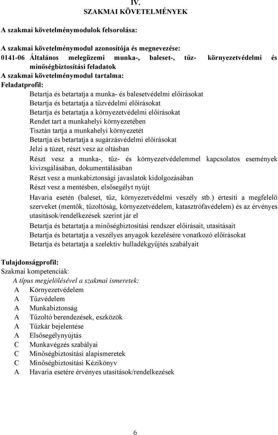 betartatja a környezetvédelmi előírásokat Rendet tart a munkahelyi környezetében Tisztán tartja a munkahelyi környezetét etartja és betartatja a sugárzásvédelmi előírásokat Jelzi a tüzet, részt vesz