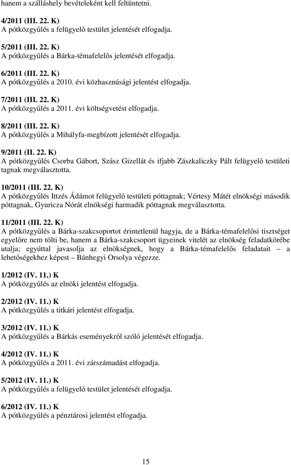 9/2011 (II. 22. K) A pótközgyűlés Csorba Gábort, Szász Gizellát és ifjabb Zászkaliczky Pált felügyelő testületi tagnak megválasztotta. 10/2011 (III. 22. K) A pótközgyűlés Ittzés Ádámot felügyelő testületi póttagnak; Vértesy Mátét elnökségi második póttagnak, Gyuricza Nórát elnökségi harmadik póttagnak megválasztotta.