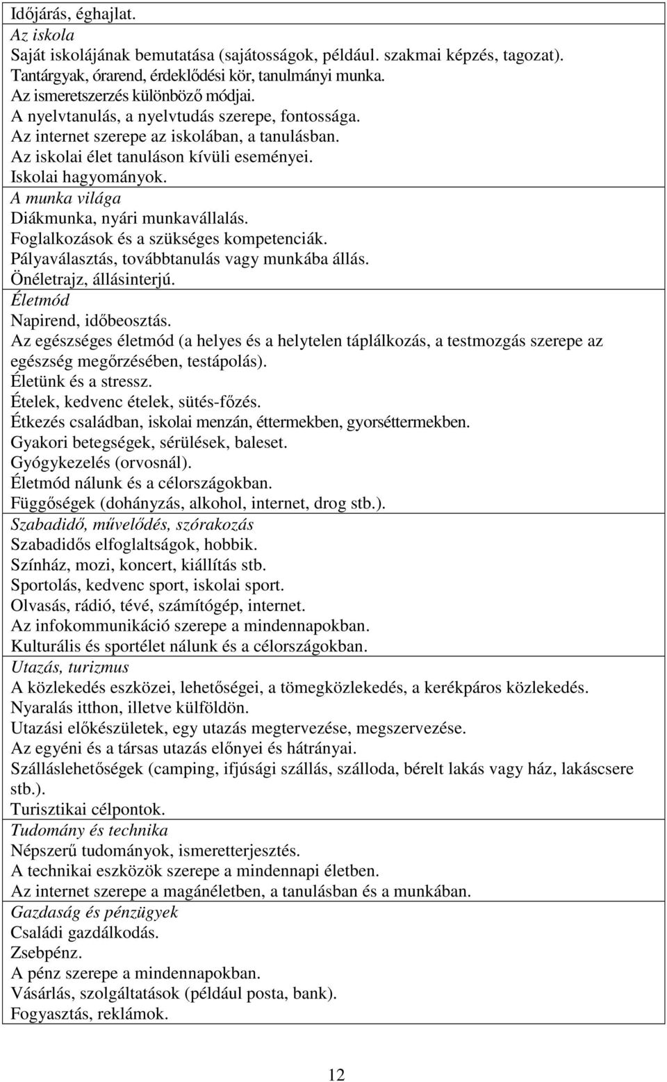 A munka világa Diákmunka, nyári munkavállalás. Foglalkozások és a szükséges kompetenciák. Pályaválasztás, továbbtanulás vagy munkába állás. Önéletrajz, állásinterjú. Életmód Napirend, időbeosztás.