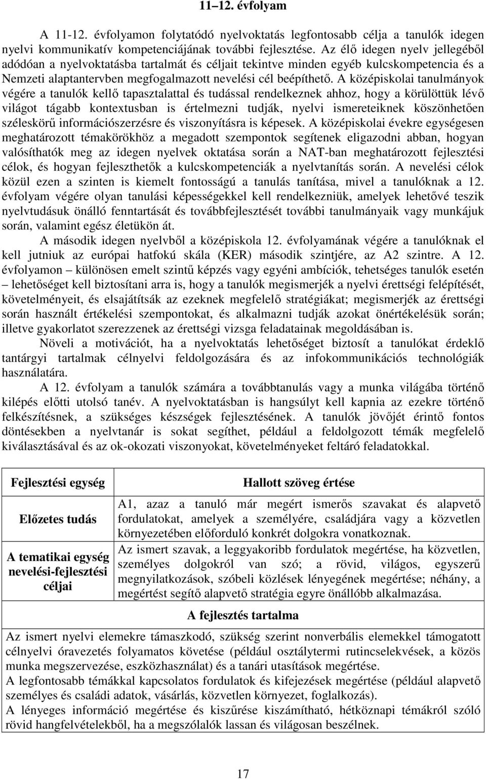 A középiskolai tanulmányok végére a tanulók kellő tapasztalattal és tudással rendelkeznek ahhoz, hogy a körülöttük lévő világot tágabb kontextusban is értelmezni tudják, nyelvi ismereteiknek