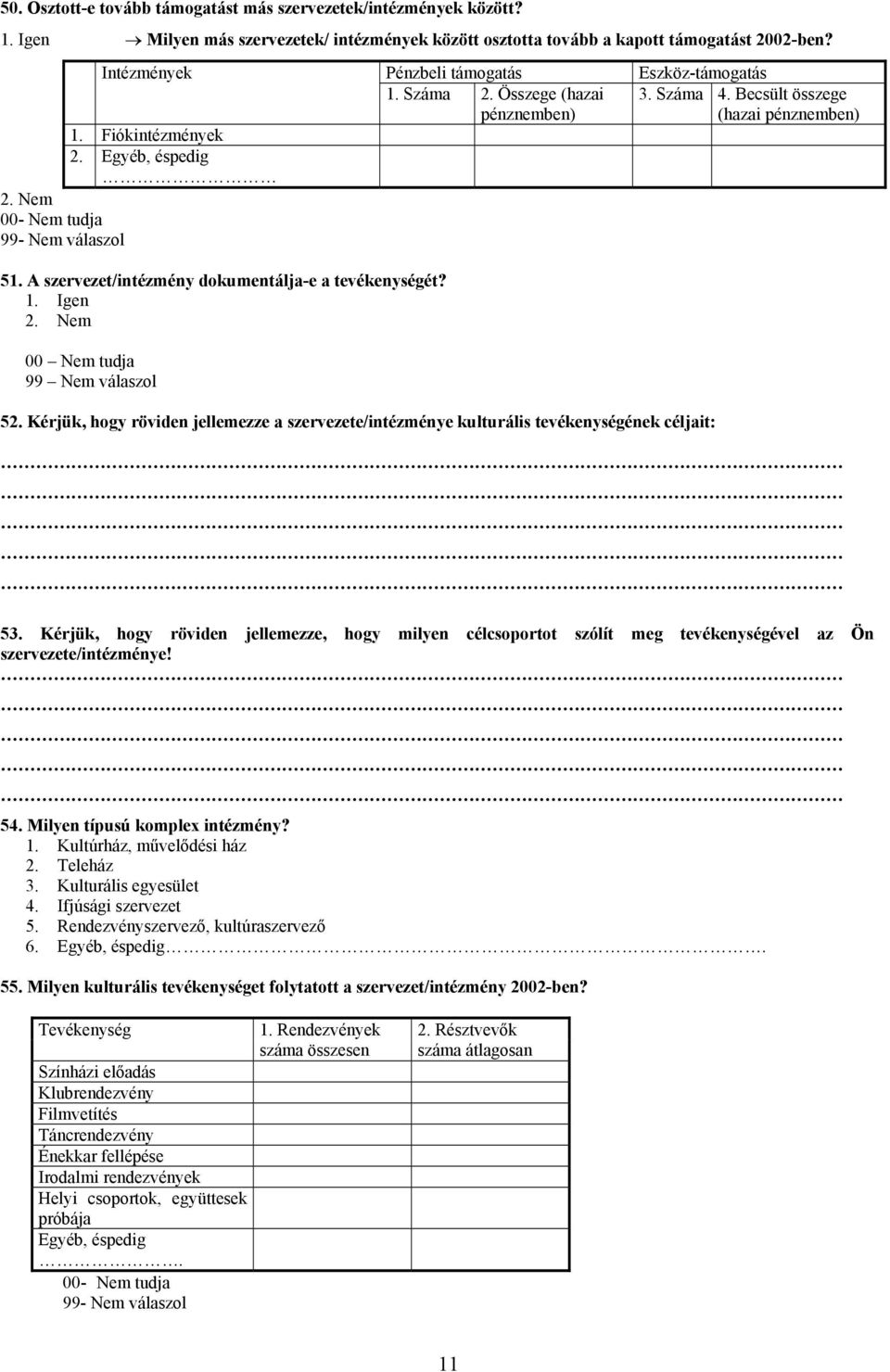 Kérjük, hogy röviden jellemezze a szervezete/intézménye kulturális tevékenységének céljait: Eszköz-támogatás 3. Száma 4. Becsült összege (hazai pénznemben) 53.