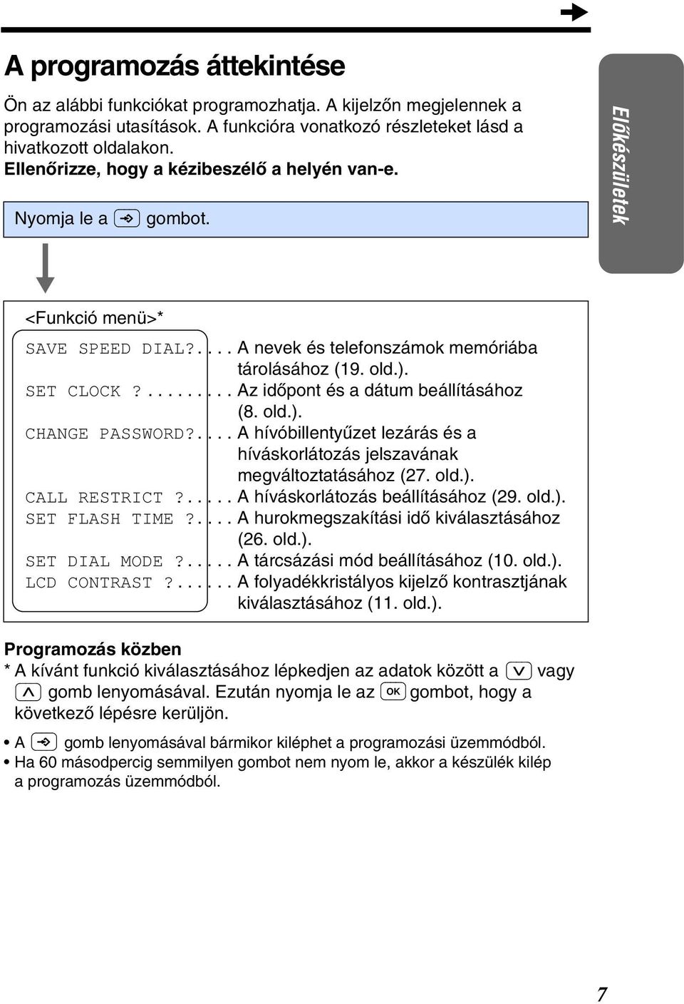 ......... Az idòpont és a dátum beállításához (8. old.). CHANGE PASSWORD?.... A hívóbillentyùzet lezárás és a híváskorlátozás jelszavának megváltoztatásához (7. old.). CALL RESTRICT?