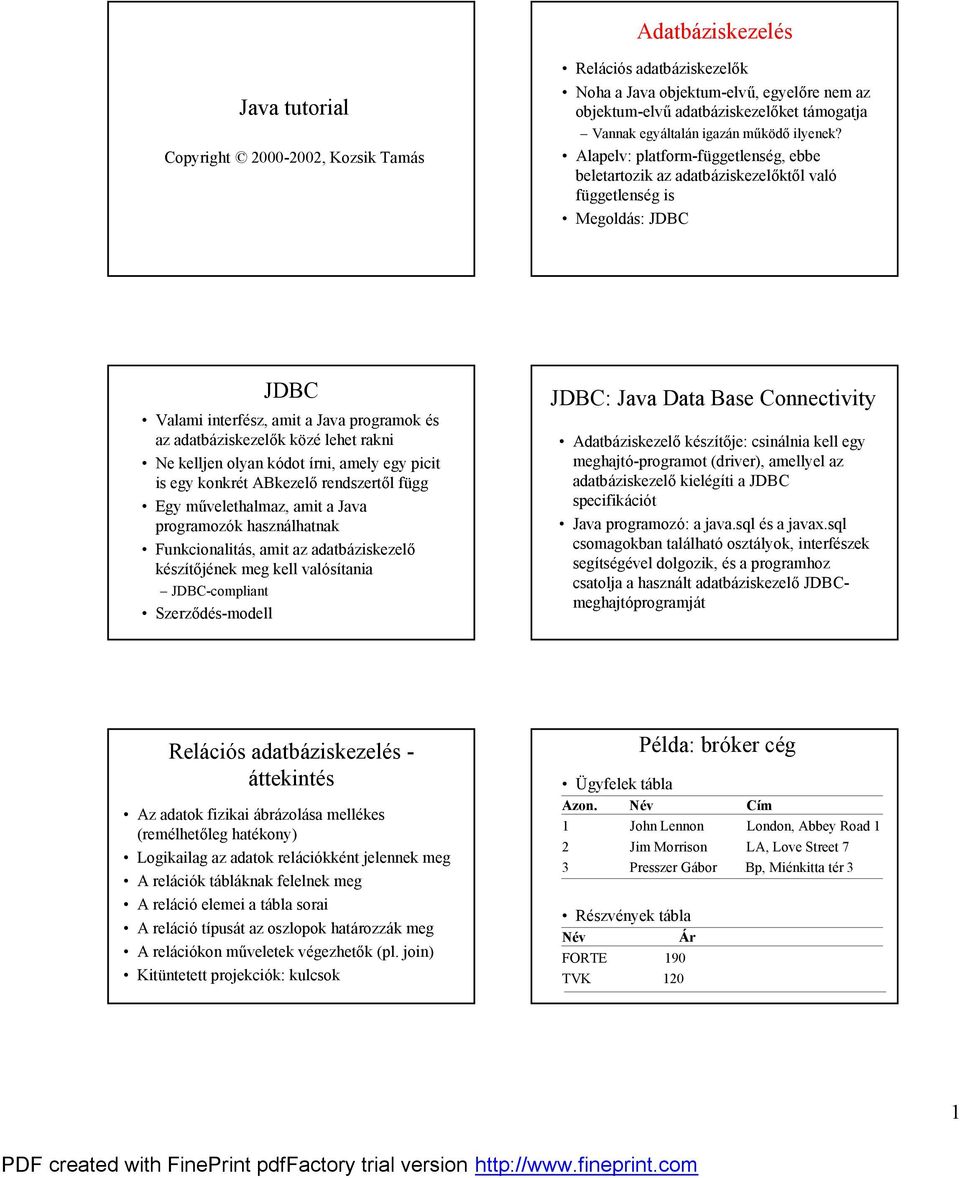 óne kelljen olyan ko dot ırni, amely egy picit is egy konkret ABkezel rendszert l fígg óegy muvelethalmaz, amit a Java programozo k haszna lhatnak ófunkcionalitas, amit az adatbaziskezel keszıt jenek