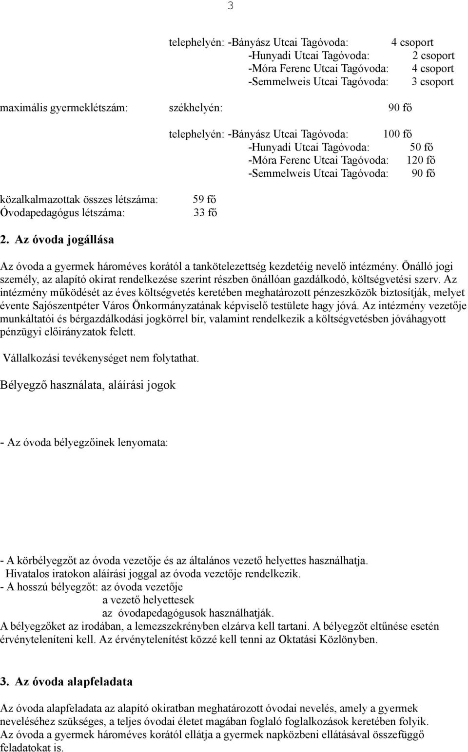 Az óvoda jogállása telephelyén: -Bányász Utcai Tagóvoda: 100 f" -Hunyadi Utcai Tagóvoda: 50 f" -Móra Ferenc Utcai Tagóvoda: 120 f" -Semmelweis Utcai Tagóvoda: 90 f" Az óvoda a gyermek hároméves