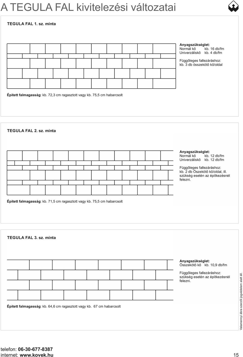 12 db/fm Függőleges fallezáráshoz: kb. 2 db Öszekötő kő/oldal, ill. szükség esetén az építkezésnél felezni. Épített falmagasság: kb. 1, ragasztott vagy kb., habarcsolt TEGULA FAL 3.