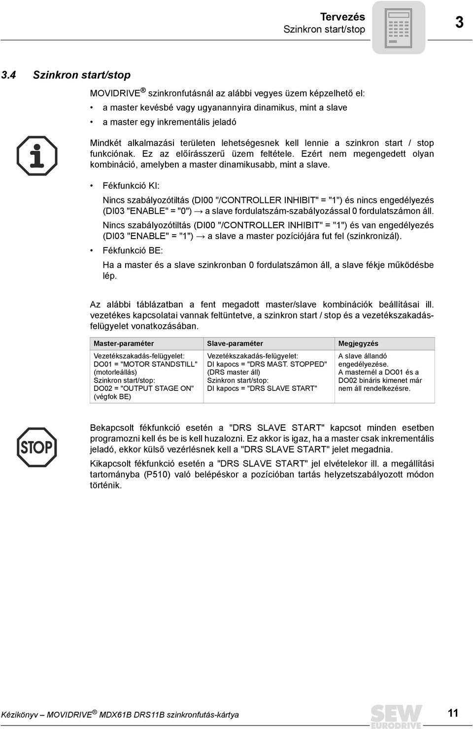 területen lehetségesnek kell lennie a szinkron start / stop funkciónak. Ez az előírásszerű üzem feltétele. Ezért nem megengedett olyan kombináció, amelyben a master dinamikusabb, mint a slave.