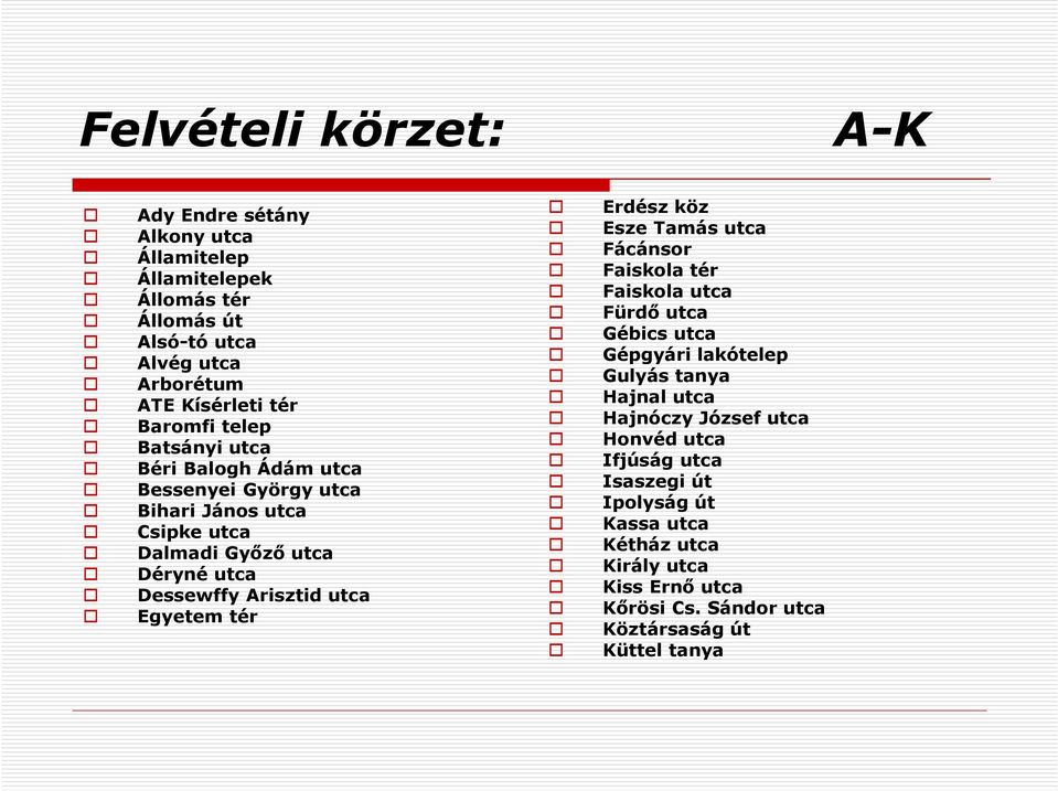 utca Egyetem tér Erdész köz Esze Tamás utca Fácánsor Faiskola tér Faiskola utca Fürdő utca Gébics utca Gépgyári lakótelep Gulyás tanya Hajnal utca Hajnóczy