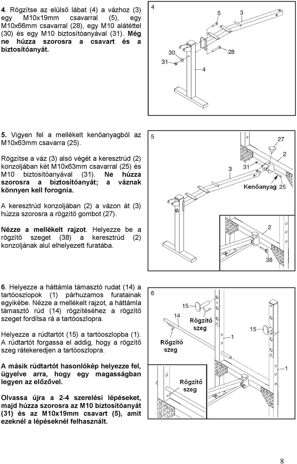 Rögzítse a váz (3) alsó végét a keresztrúd (2) konzoljában két M10x63mm csavarral (25) és M10 biztosítóanyával (31). Ne húzza szorosra a biztosítóanyát; a váznak könnyen kell forognia.