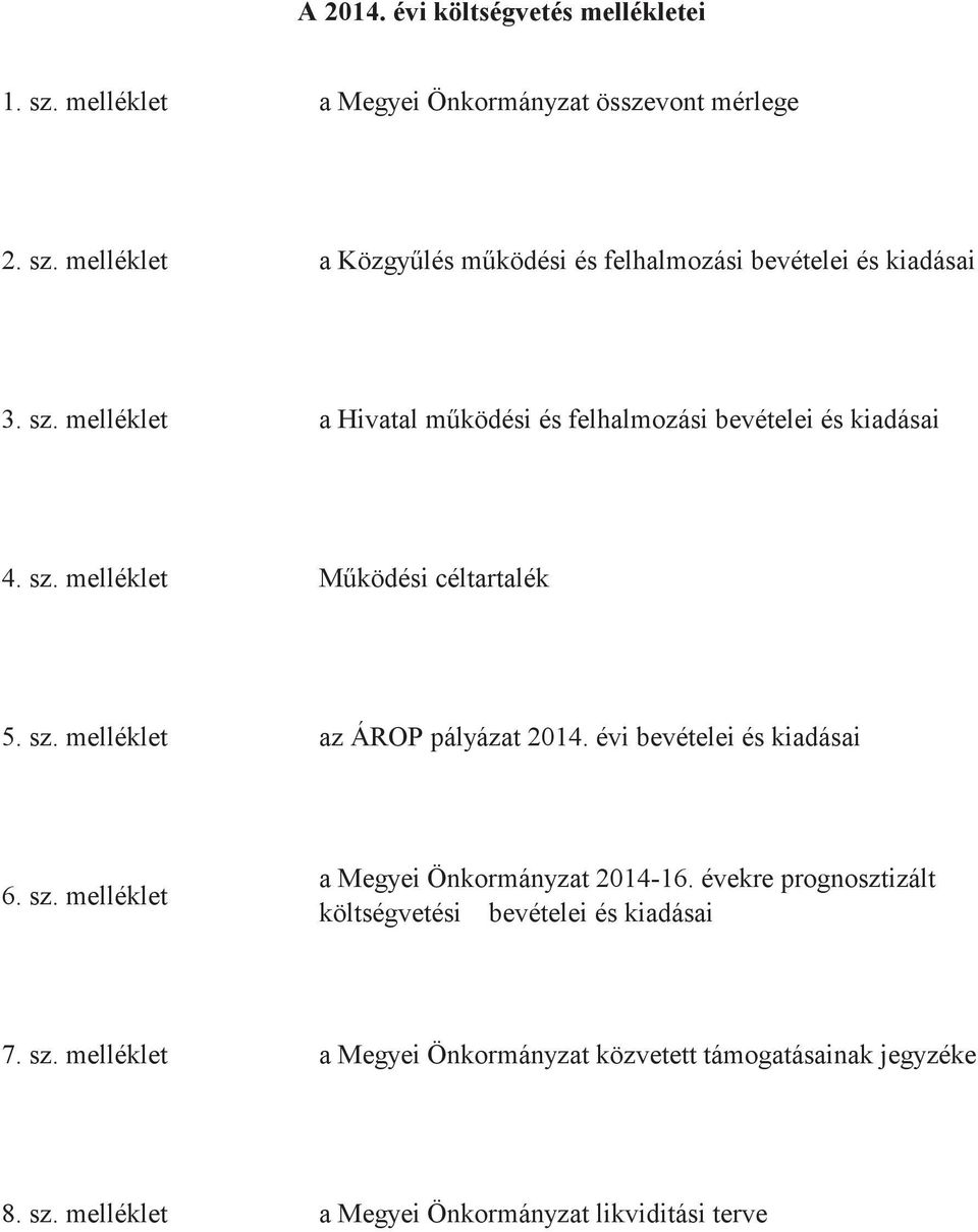 évi bevételei és kiadásai 6. sz. melléklet a Megyei Önkormányzat 2014-16. évekre prognosztizált költségvetési bevételei és kiadásai 7. sz. melléklet a Megyei Önkormányzat közvetett támogatásainak jegyzéke 8.