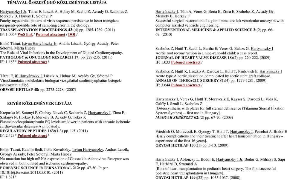 005* WoS link / Pubmed absctract / DOI / Enikő Tátrai, István Hartyánszky Jr, András Lászik, György Acsády, Péter Sótonyi, Márta Hubay The Role of Viral Infections in the Development of Dilated