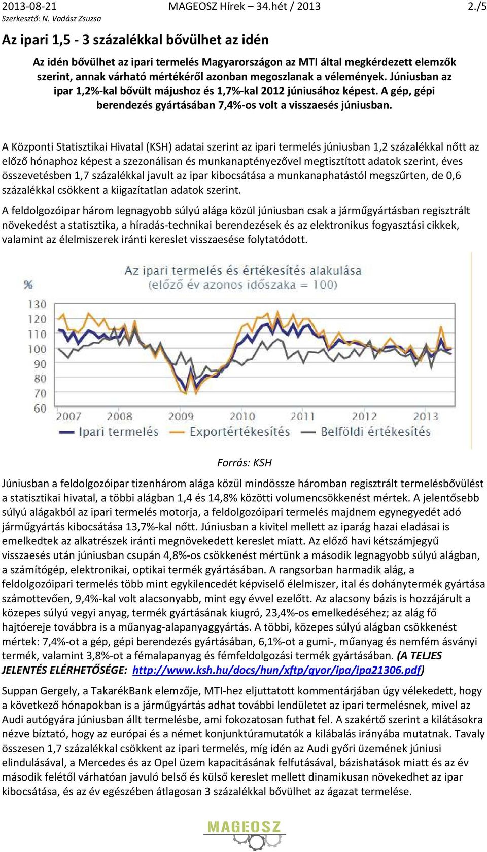 Júniusban az ipar 1,2%-kal bővült májushoz és 1,7%-kal 2012 júniusához képest. A gép, gépi berendezés gyártásában 7,4%-os volt a visszaesés júniusban.