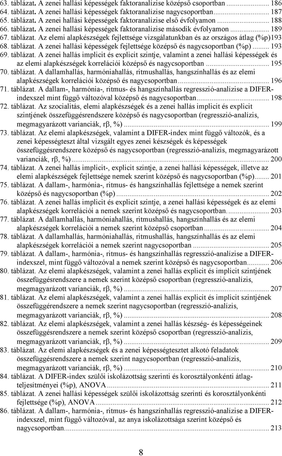 .. 193 69. táblázat. A zenei hallás implicit és explicit szintje, valamint a zenei hallási képességek és az elemi alapkészségek korrelációi középsı és nagycsoportban... 195 70. táblázat. A dallamhallás, harmóniahallás, ritmushallás, hangszínhallás és az elemi alapkészségek korrelációi középsı és nagycsoportban.