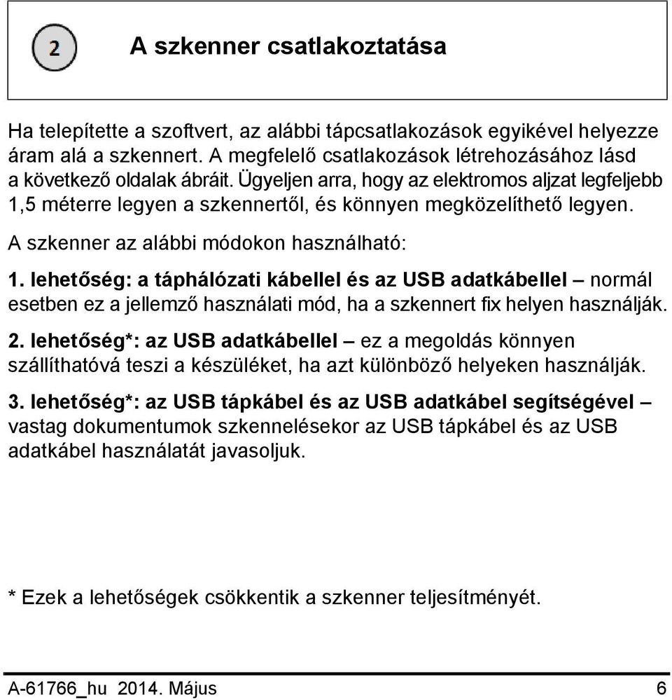lehetőség: a táphálózati kábellel és az USB adatkábellel normál esetben ez a jellemző használati mód, ha a szkennert fix helyen használják. 2.