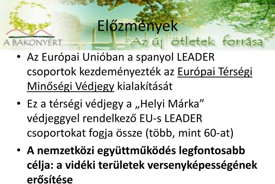védjeggyel rendelkező EU-s LEADER csoportokat fogja össze (több, mint 60-at) A