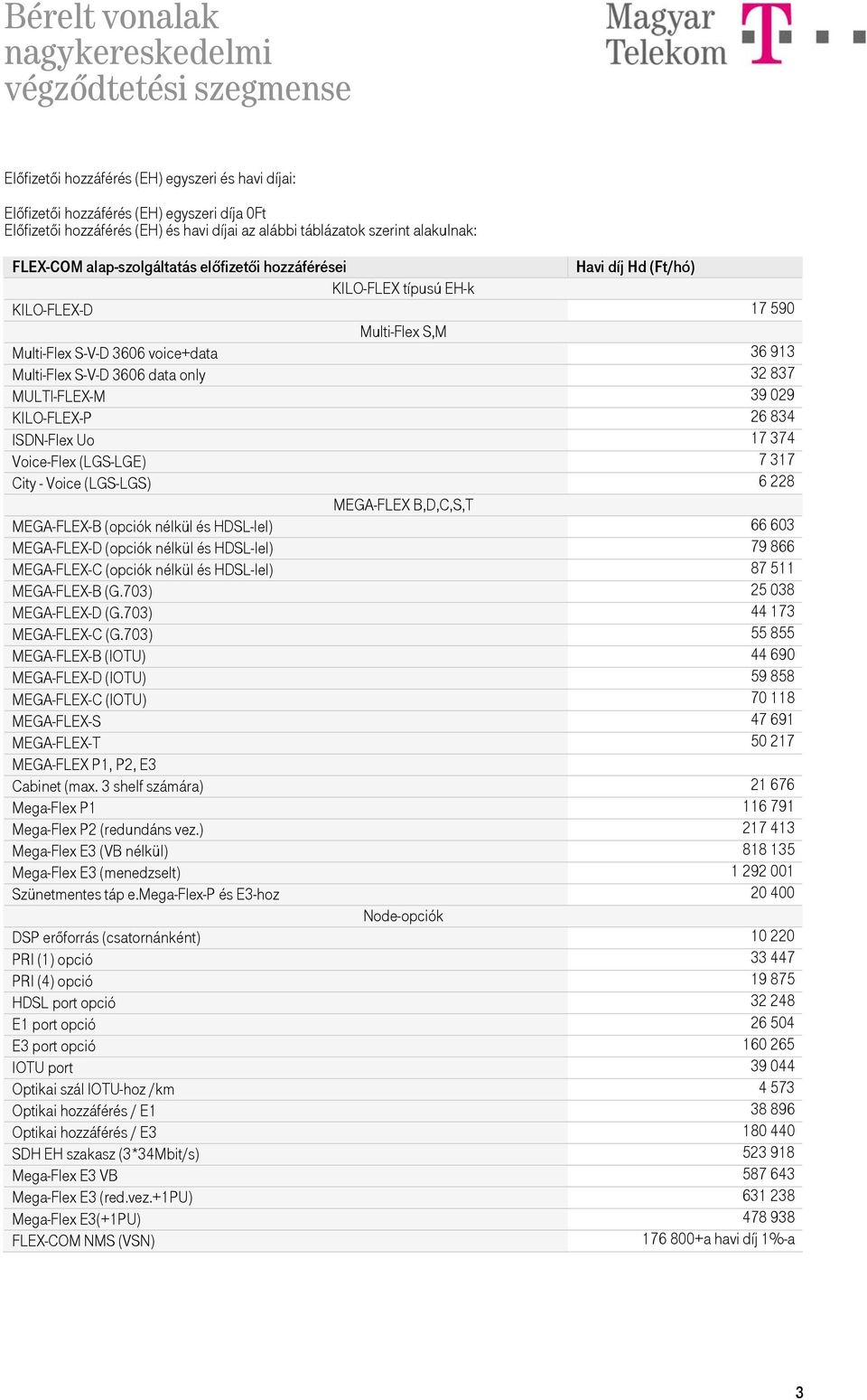 MULTI-FLEX-M 39 029 KILO-FLEX-P 26 834 ISDN-Flex Uo 17 374 Voice-Flex (LGS-LGE) 7 317 City - Voice (LGS-LGS) 6 228 MEGA-FLEX B,D,C,S,T MEGA-FLEX-B (opciók nélkül és HDSL-lel) 66 603 MEGA-FLEX-D