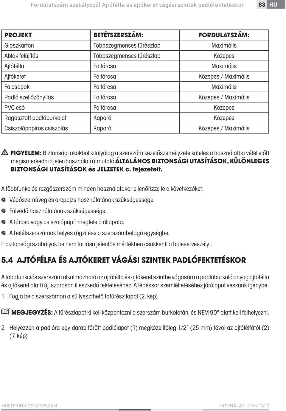 Ragasztott padlóburkolat Kaparó Közepes Csiszolópapíros csiszolás Kaparó Közepes / Maximális FIGYELEM: Biztonsági okokból kifolyólag a szerszám kezelőszemélyzete köteles a használatba vétel előtt