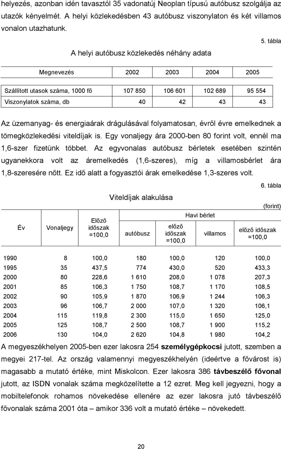 tábla Megnevezés 2002 2003 2004 2005 Szállított utasok száma, 1000 fő 107 850 106 601 102 689 95 554 Viszonylatok száma, db 40 42 43 43 Az üzemanyag- és energiaárak drágulásával folyamatosan, évről