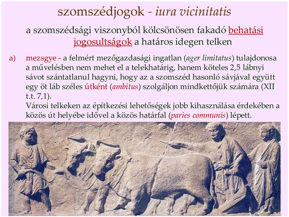 szántatlanul hagyni, hogy az a szomszéd hasonló sávjával együtt egy öt láb széles útként (ambitus) szolgáljon mindkettőjük számára (XII t.t. 7,1).