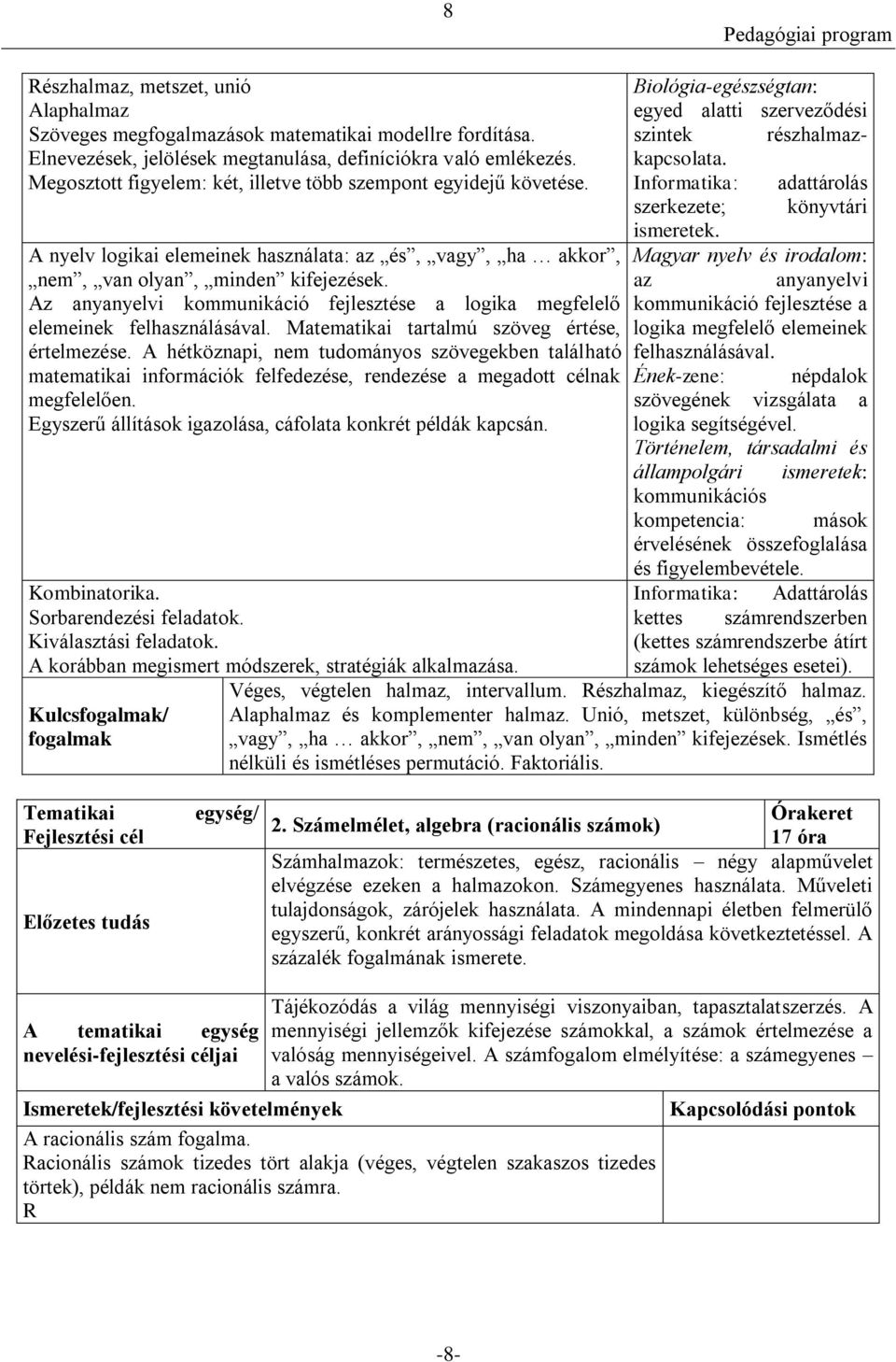 Az anyanyelvi kommunikáció fejlesztése a logika megfelelő elemeinek felhasználásával. Matematikai tartalmú szöveg értése, értelmezése.