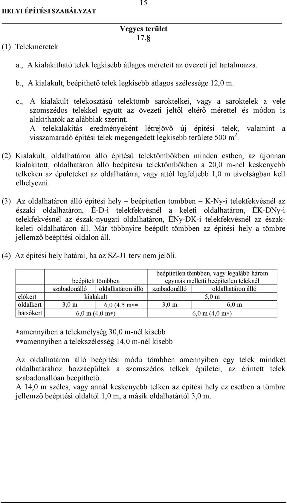 A telekalakítás eredményeként létrejövı új építési telek, valamint a visszamaradó építési telek megengedett legkisebb területe 500 m 2.