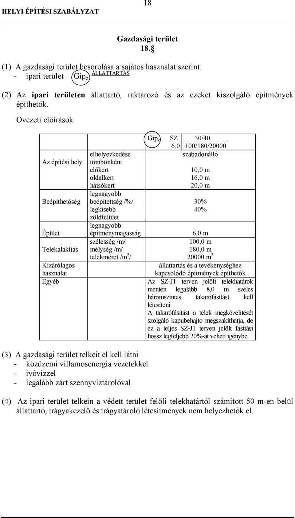 Övezeti elıírások Az építési hely elhelyezkedése tömbönként elıkert oldalkert hátsókert Gip z SZ 30/40 6,0 100/180/20000 szabadonálló 10,0 m 16,0 m 20,0 m Beépíthetıség beépítettség /%/ 30% legkisebb