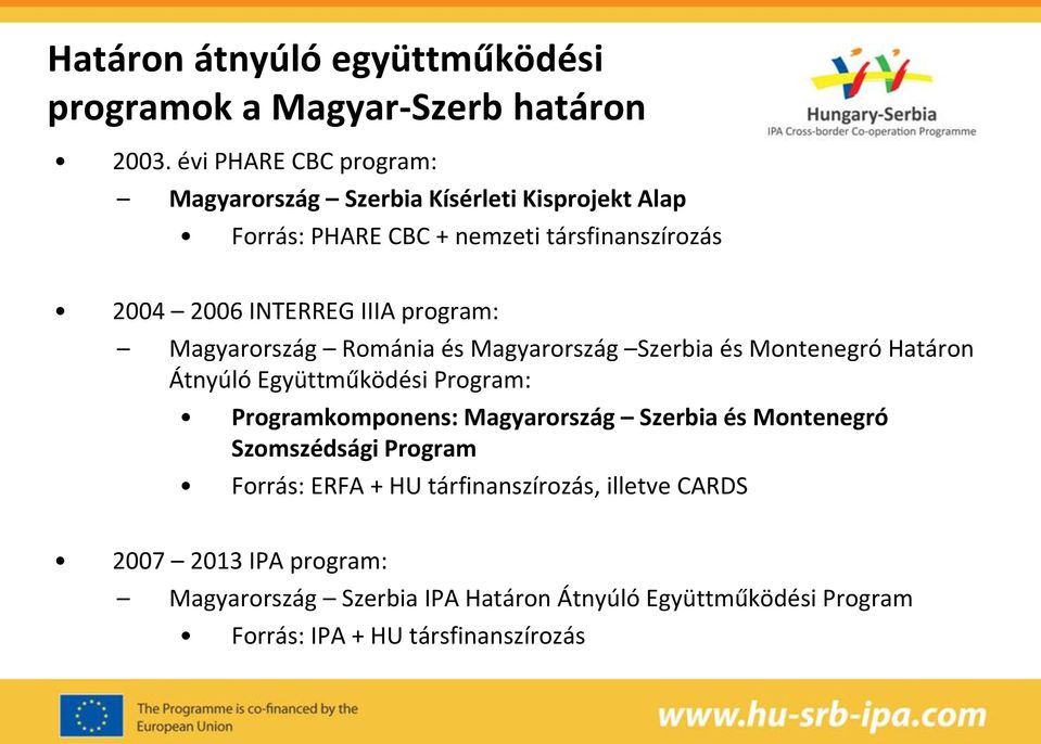 program: Magyarország Románia és Magyarország Szerbia és Montenegró Határon Átnyúló Együttműködési Program: Programkomponens: Magyarország