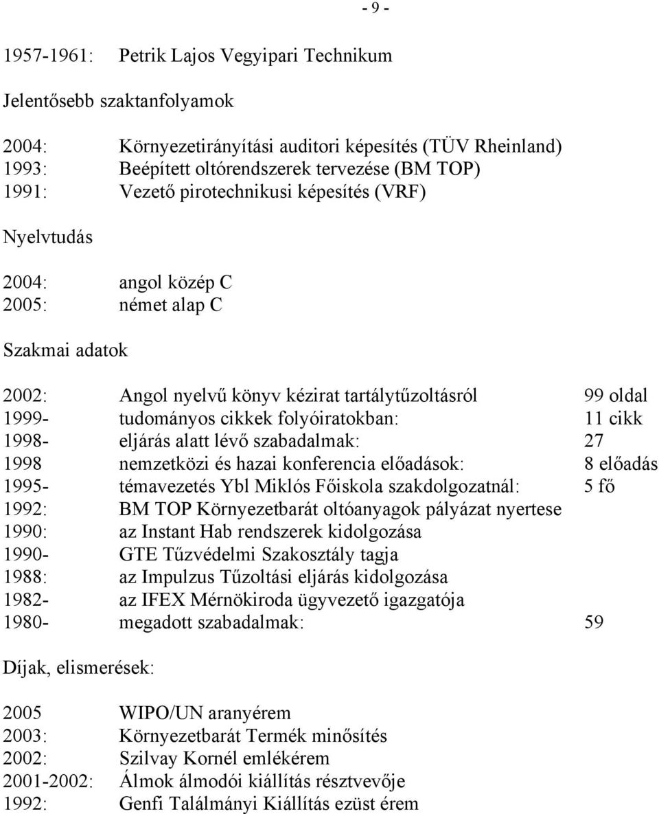 cikk 1998- lévő szabadalmak: 27 1998 nemzetközi és hazai konferencia előadások: 8 előadás 1995- témavezetés Ybl Miklós Főiskola szakdolgozatnál: 5 fő 1992: BM TOP Környezetbarát oltóanyagok pályázat