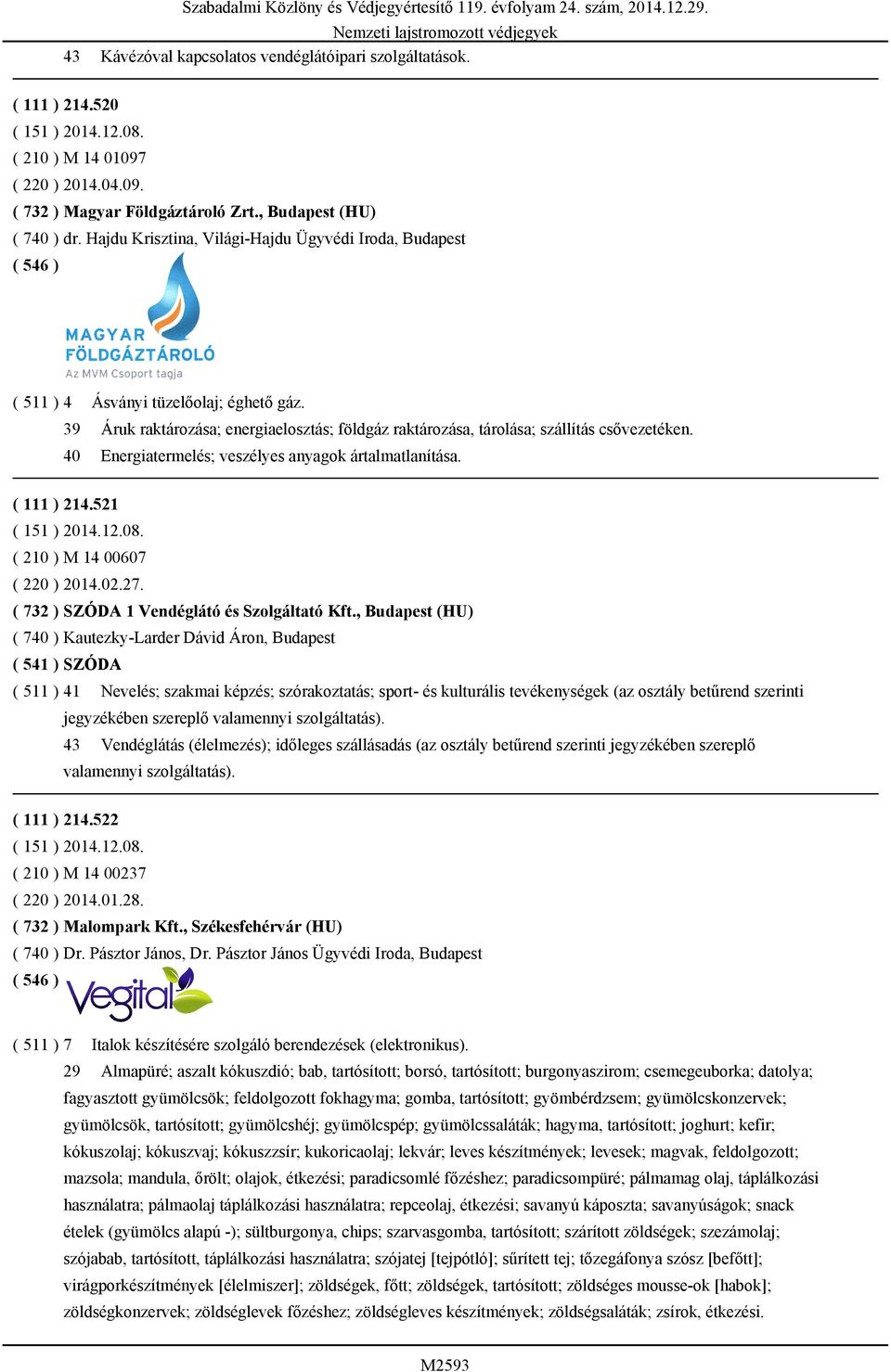 40 Energiatermelés; veszélyes anyagok ártalmatlanítása. ( 111 ) 214.521 ( 151 ) 2014.12.08. ( 210 ) M 14 00607 ( 220 ) 2014.02.27. ( 732 ) SZÓDA 1 Vendéglátó és Szolgáltató Kft.