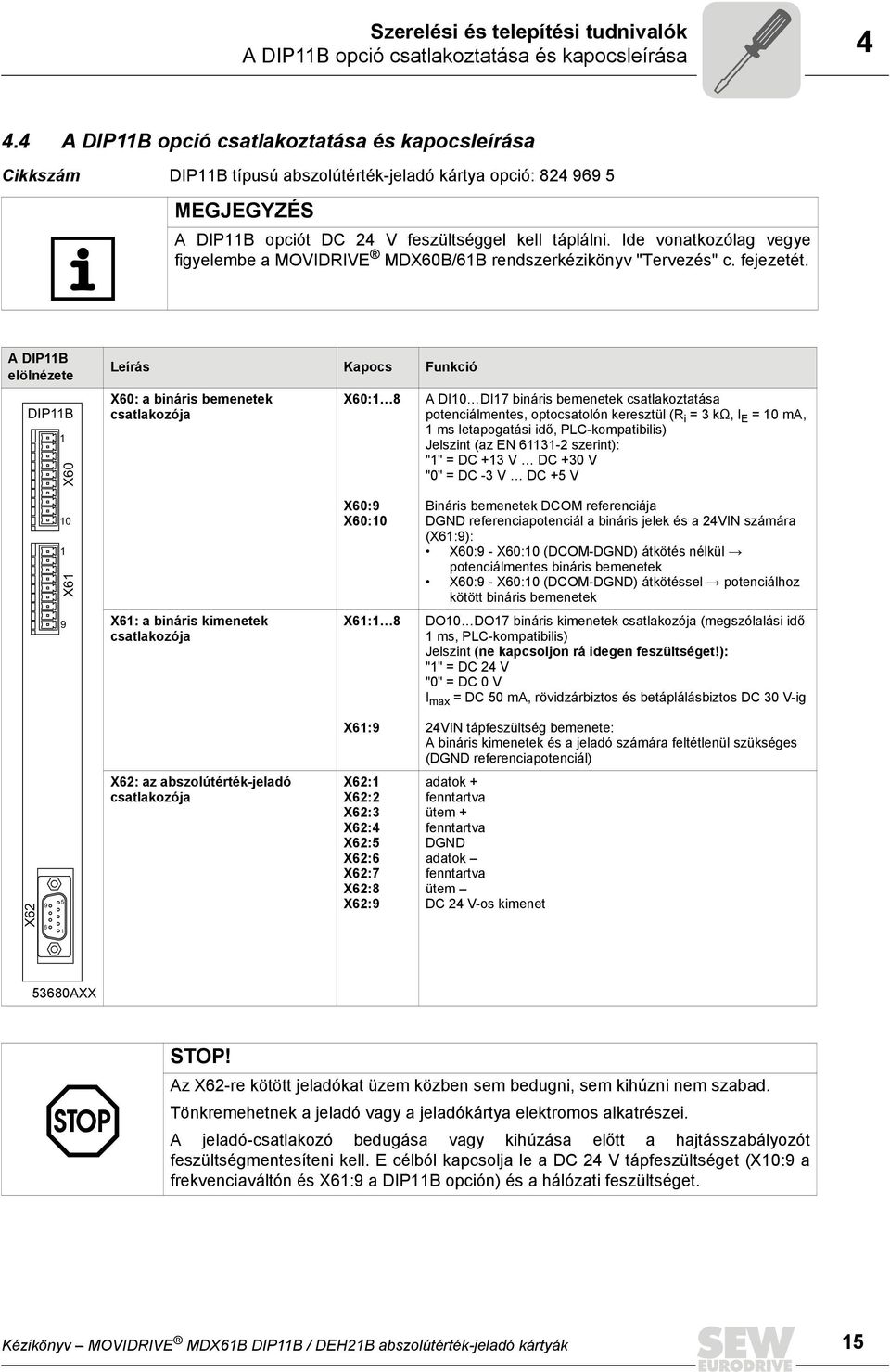 Ide vonatkozólag vegye figyelembe a MOVIDRIVE MDX60B/61B rendszerkézikönyv "Tervezés" c. fejezetét.