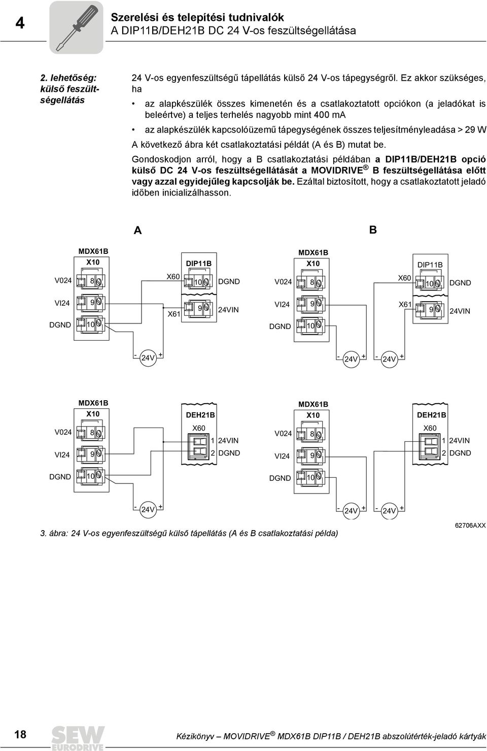 összes teljesítményleadása > 29 W A következő ábra két csatlakoztatási példát (A és B) mutat be.