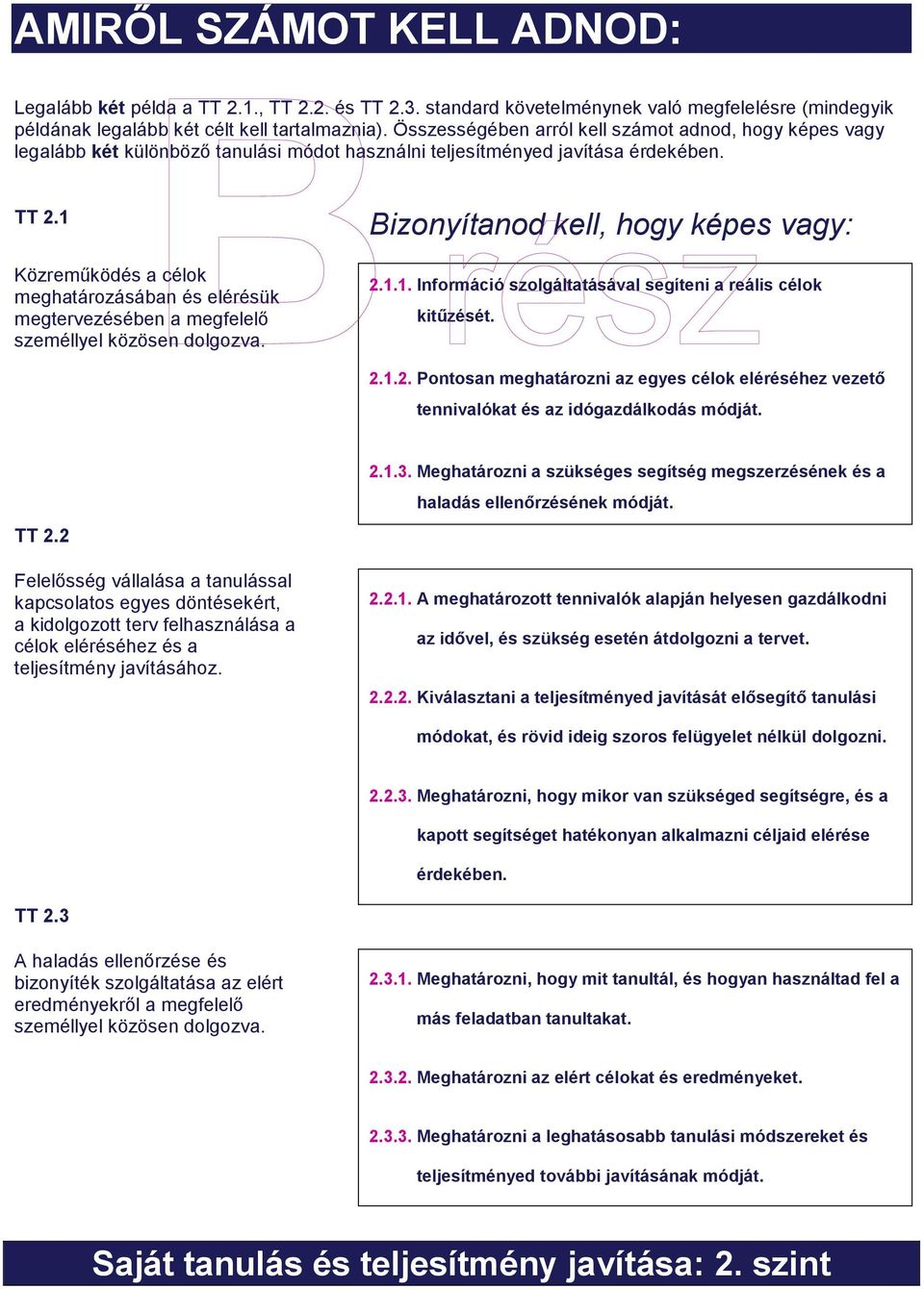 1 Közreműködés a célok meghatározásában és elérésük megtervezésében a megfelelő személlyel közösen dolgozva. Bizonyítanod kell, hogy képes vagy: 2.1.1. Információ szolgáltatásával segíteni a reális célok kitűzését.