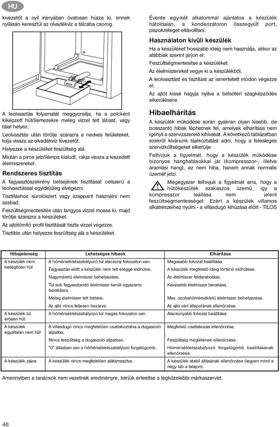 Leolvasztás után törölje szárazra a nedves felületeket, tolja vissza az olvadékvíz kivezetőt. Helyezze a készüléket feszültség alá.