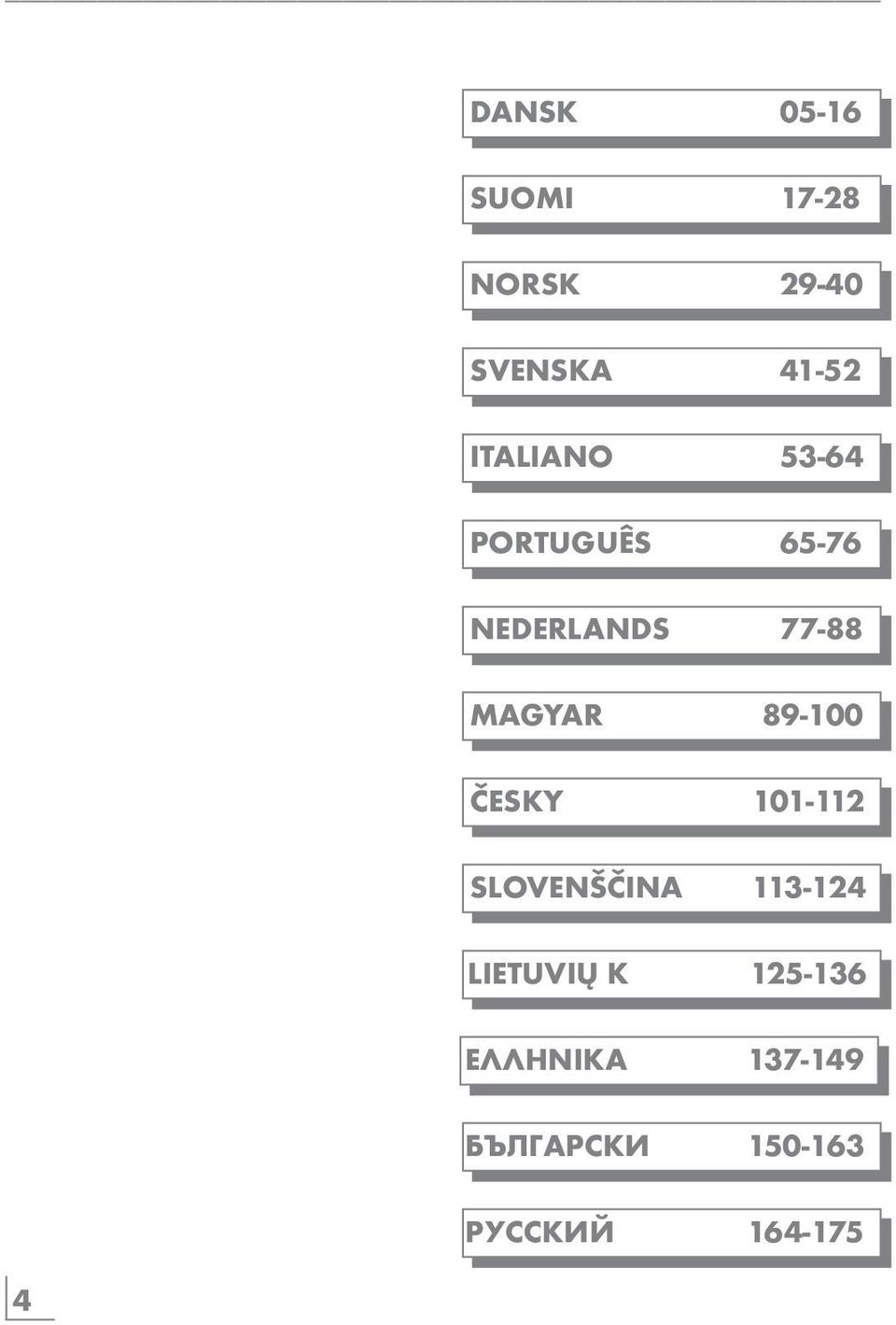 89-100 ČESKY 101-112 SLOVENŠČINA 113-124 LIETUVIŲ K