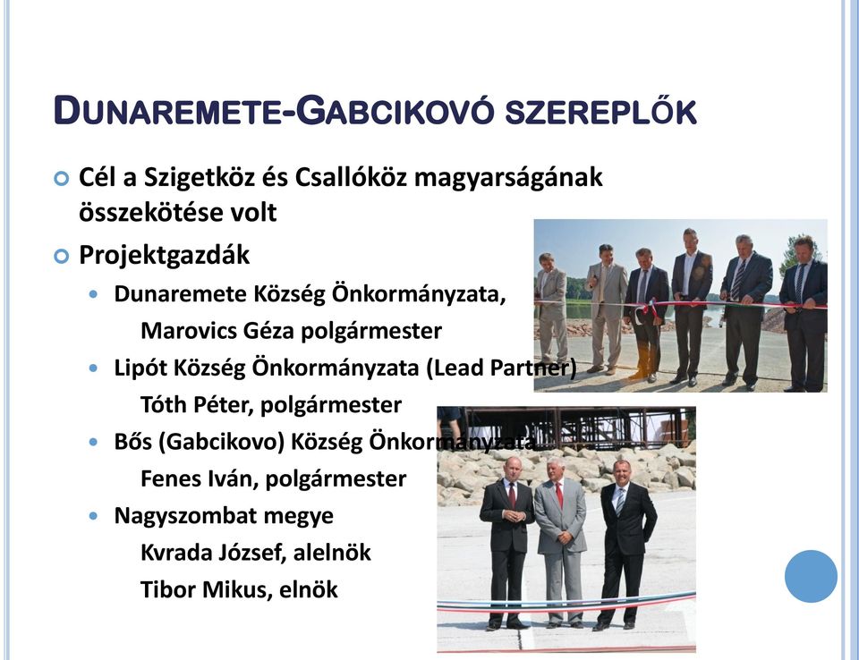 Község Önkormányzata (Lead Partner) Tóth Péter, polgármester Bős (Gabcikovo) Község