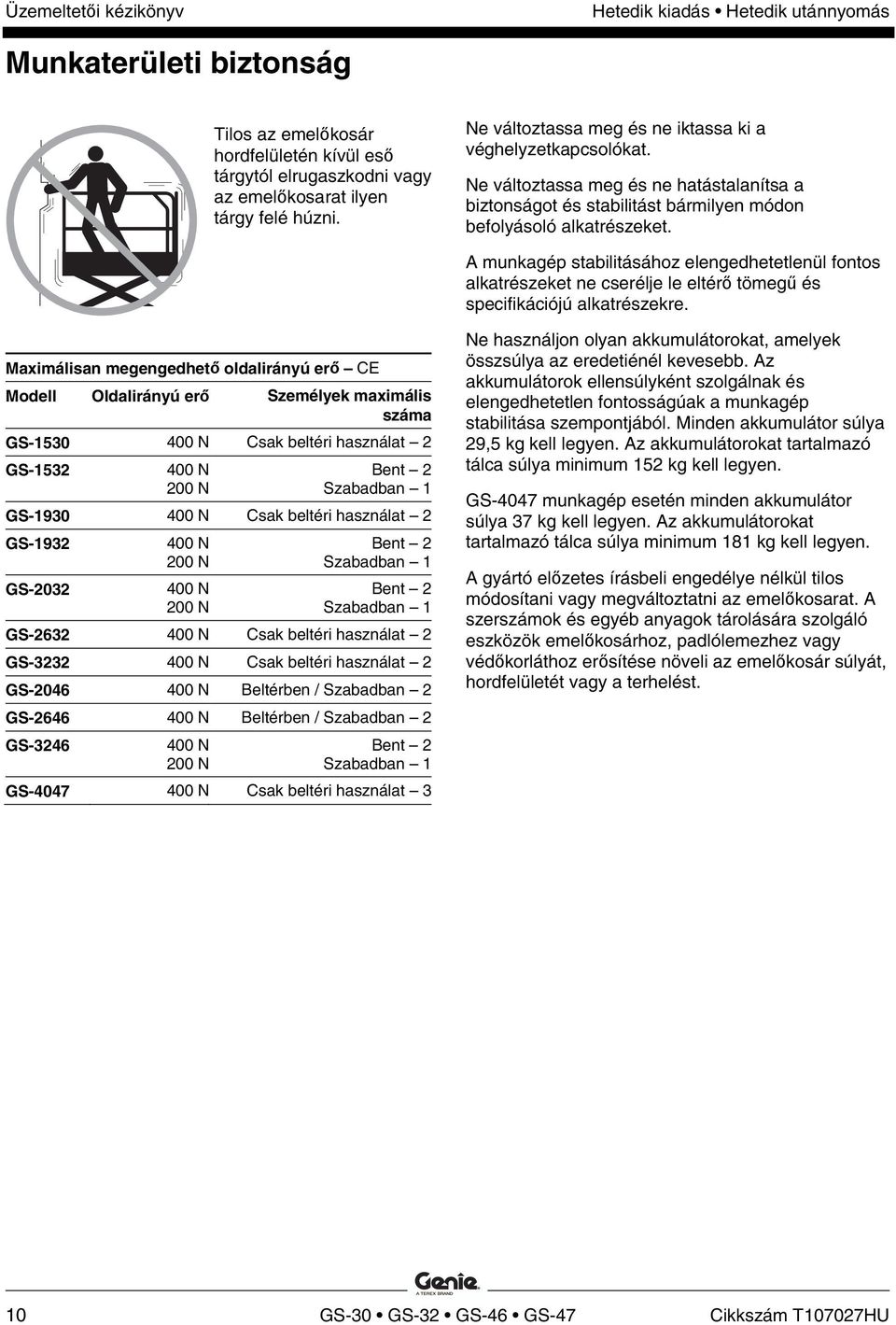 A munkagép stabilitásához elengedhetetlenül fontos alkatrészeket ne cserélje le eltérő tömegű és specifikációjú alkatrészekre.