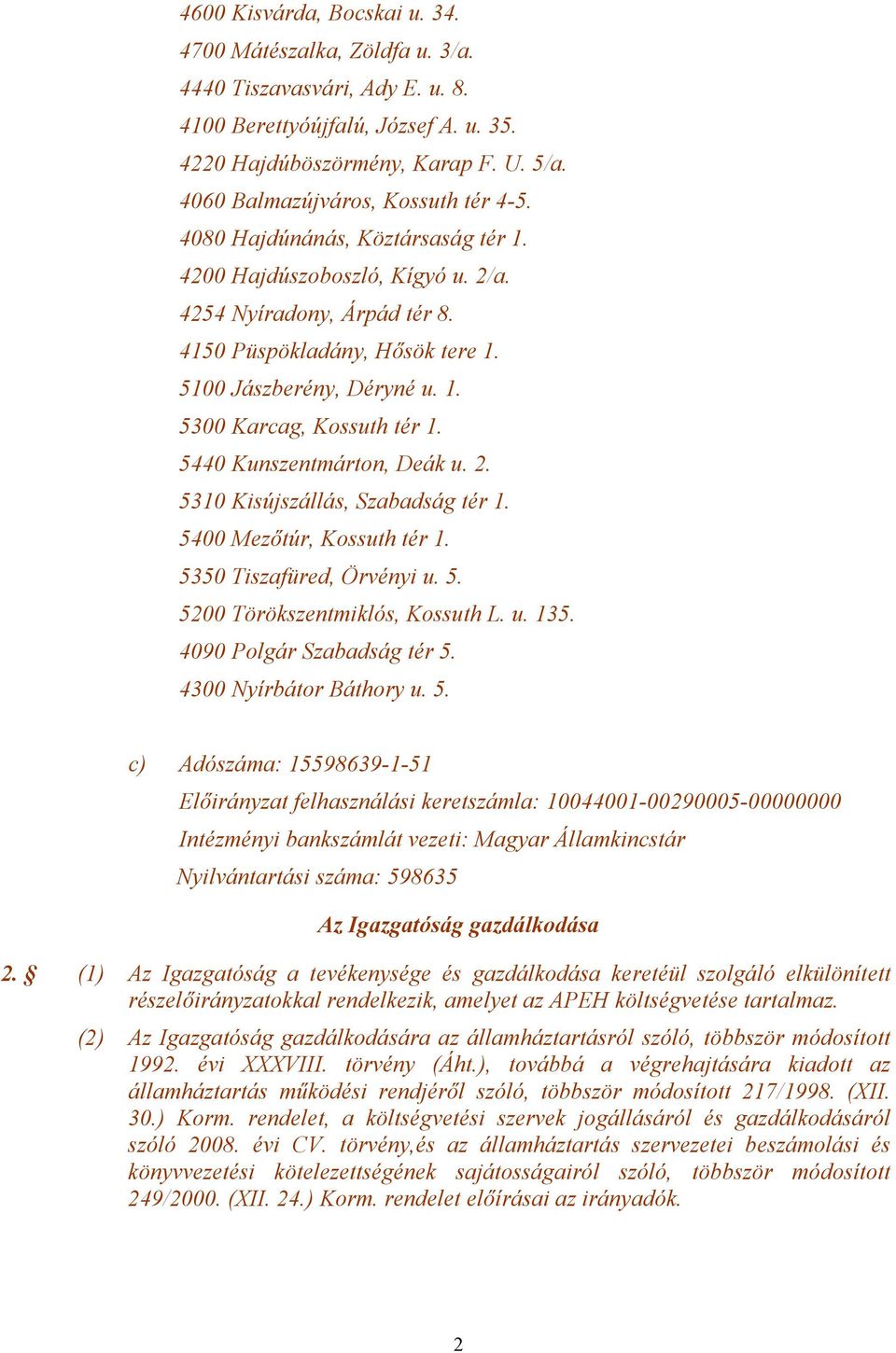 5440 Kunszentmárton, Deák u. 2. 5310 Kisújszállás, Szabadság tér 1. 5400 Mezőtúr, Kossuth tér 1. 5350 Tiszafüred, Örvényi u. 5. 5200 Törökszentmiklós, Kossuth L. u. 135. 4090 Polgár Szabadság tér 5.