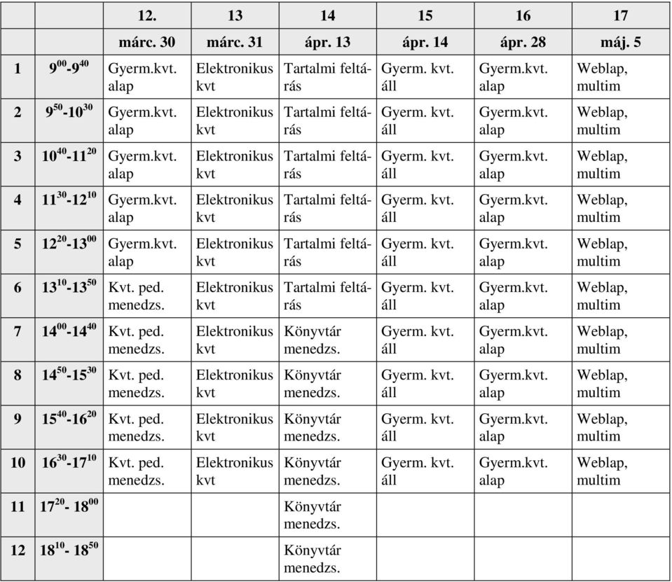 14 ápr. 28 máj. 5 Könyvtár Könyvtár Könyvtár Könyvtár 11 17 20-18 00 Könyvtár 12 18 10-18 50 Könyvtár Gyerm.