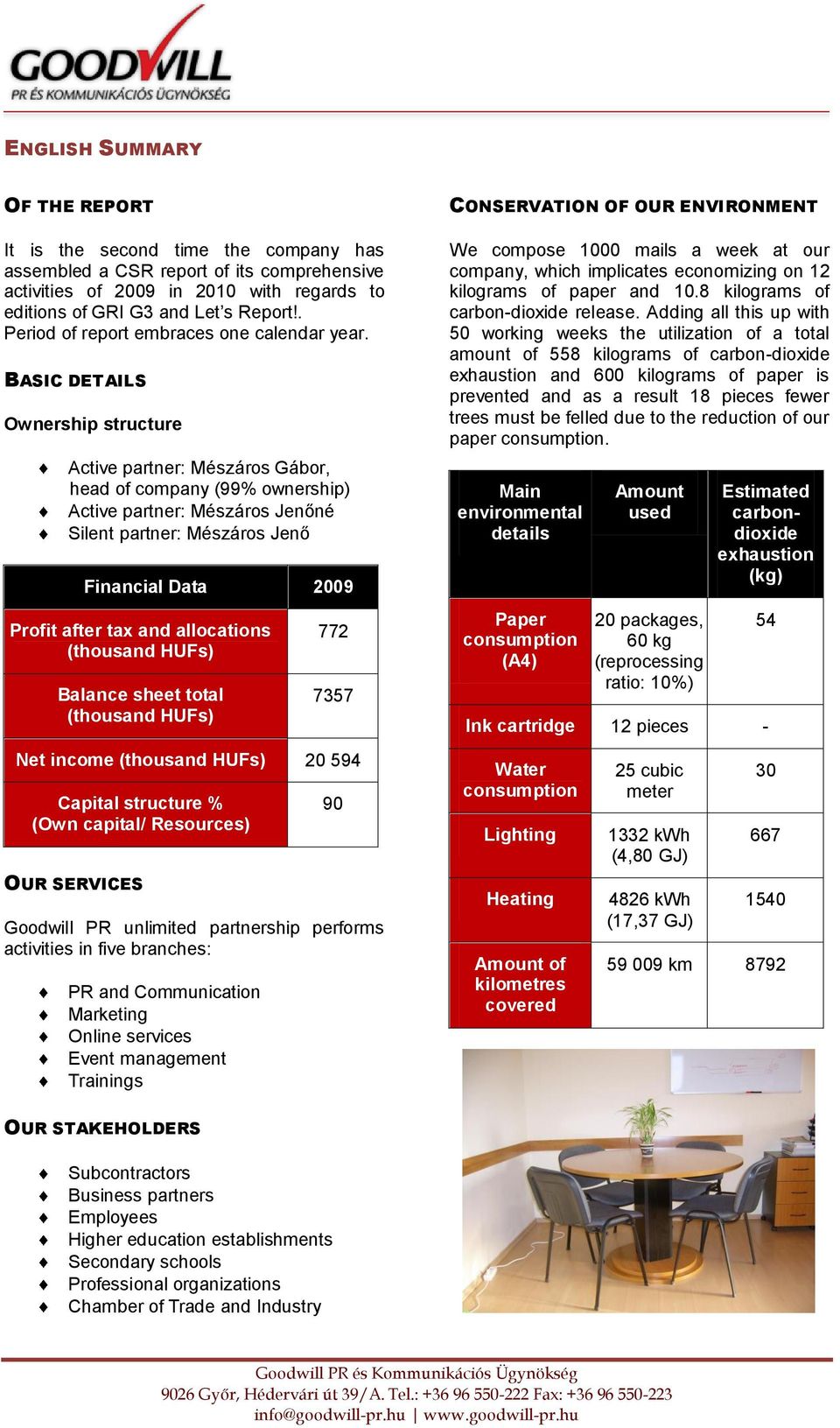 BASIC DETAILS Ownership structure Active partner: Mészáros Gábor, head of company (99% ownership) Active partner: Mészáros Jenőné Silent partner: Mészáros Jenő Financial Data 2009 Profit after tax