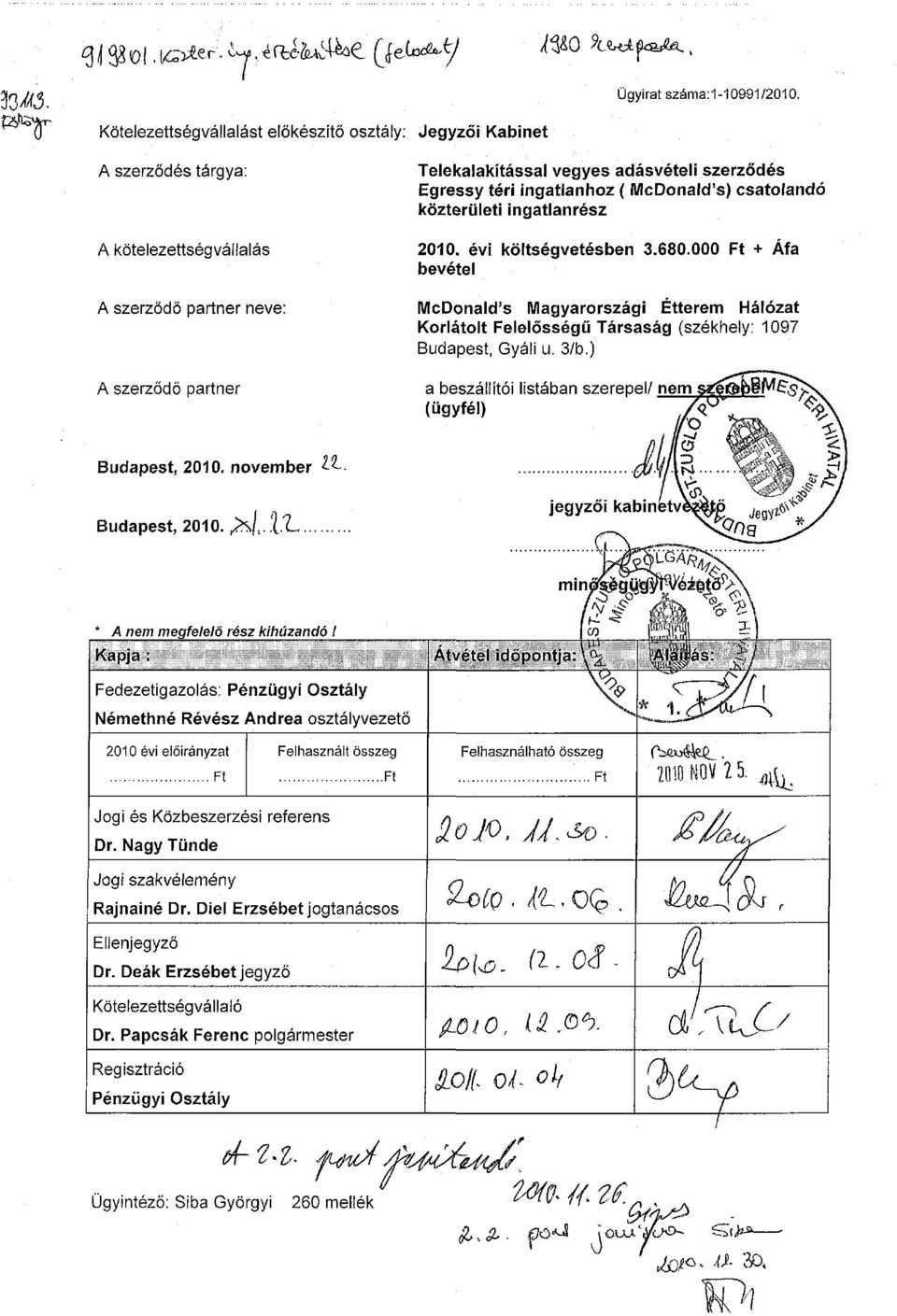 ingatlanrész 2010. évi költségvetésben 3.680.000 Ft + Áfa bevétel McDonald's Magyarországi Étterem Hálózat Korlátolt Felelősségű Társaság (székhely: 1097 Budapest, Gyáli u. 3/b.