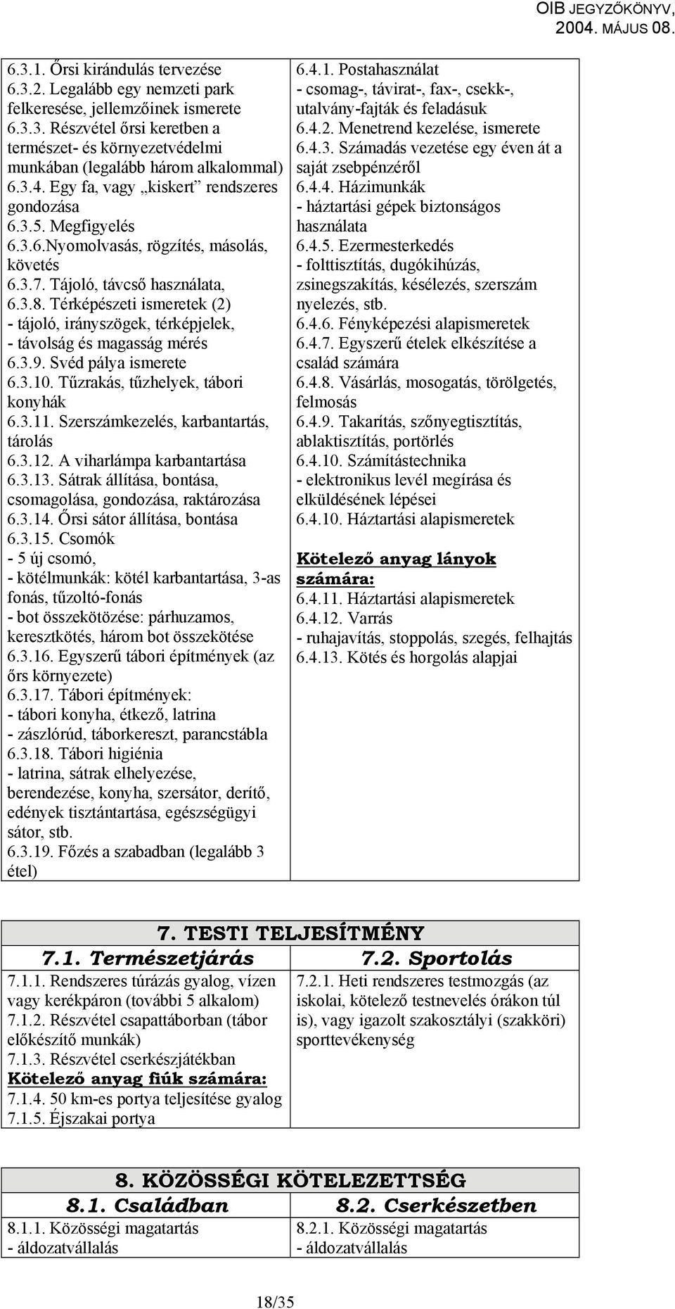 Térképészeti ismeretek (2) - tájoló, irányszögek, térképjelek, - távolság és magasság mérés 6.3.9. Svéd pálya ismerete 6.3.10. Tűzrakás, tűzhelyek, tábori konyhák 6.3.11.