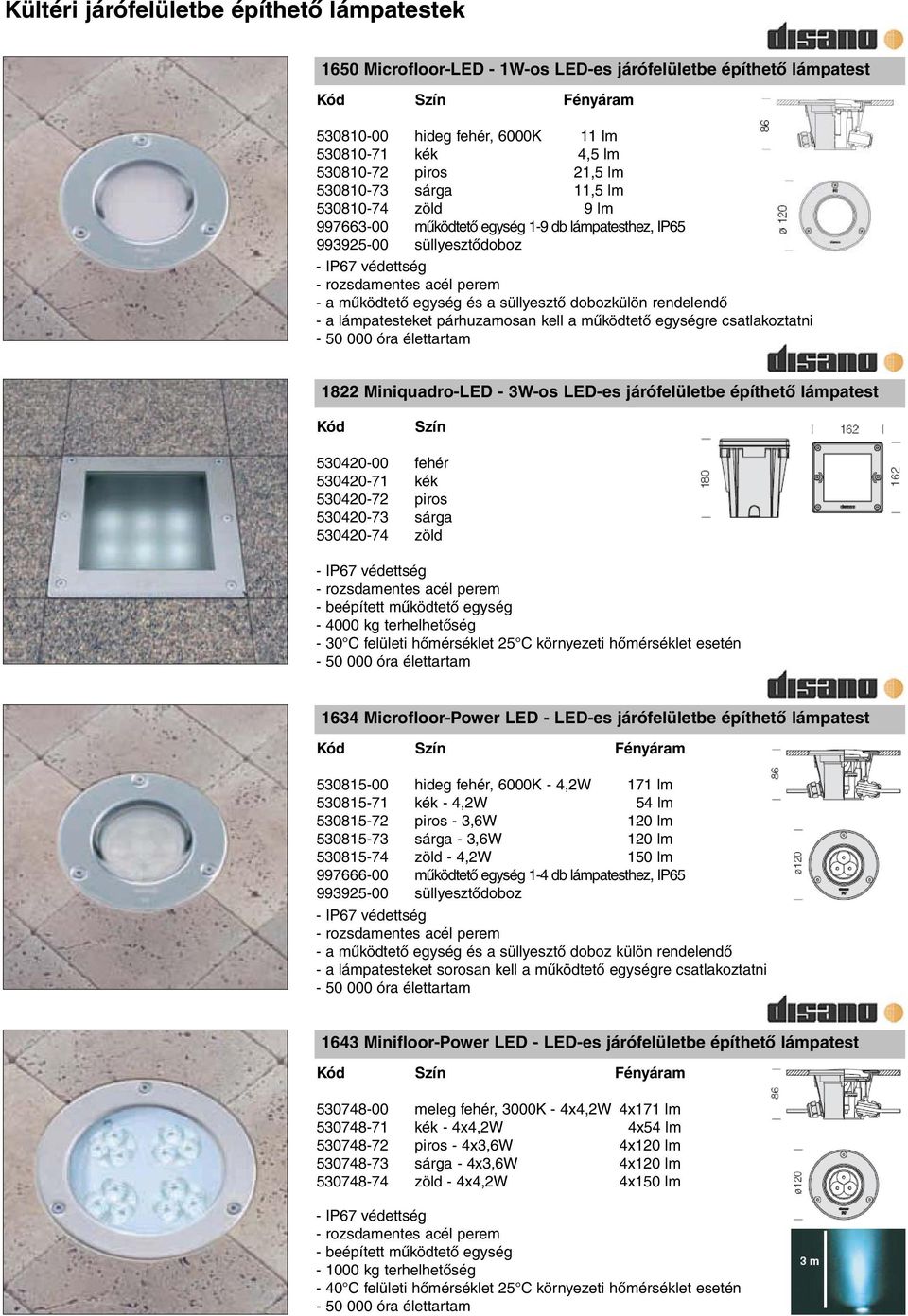 süllyesztõ dobozkülön rendelendõ - a lámpatesteket párhuzamosan kell a mûködtetõ egységre csatlakoztatni 1822 Miniquadro-LED - 3W-os LED-es járófelületbe építhetõ lámpatest Kód Szín 530420-00 fehér