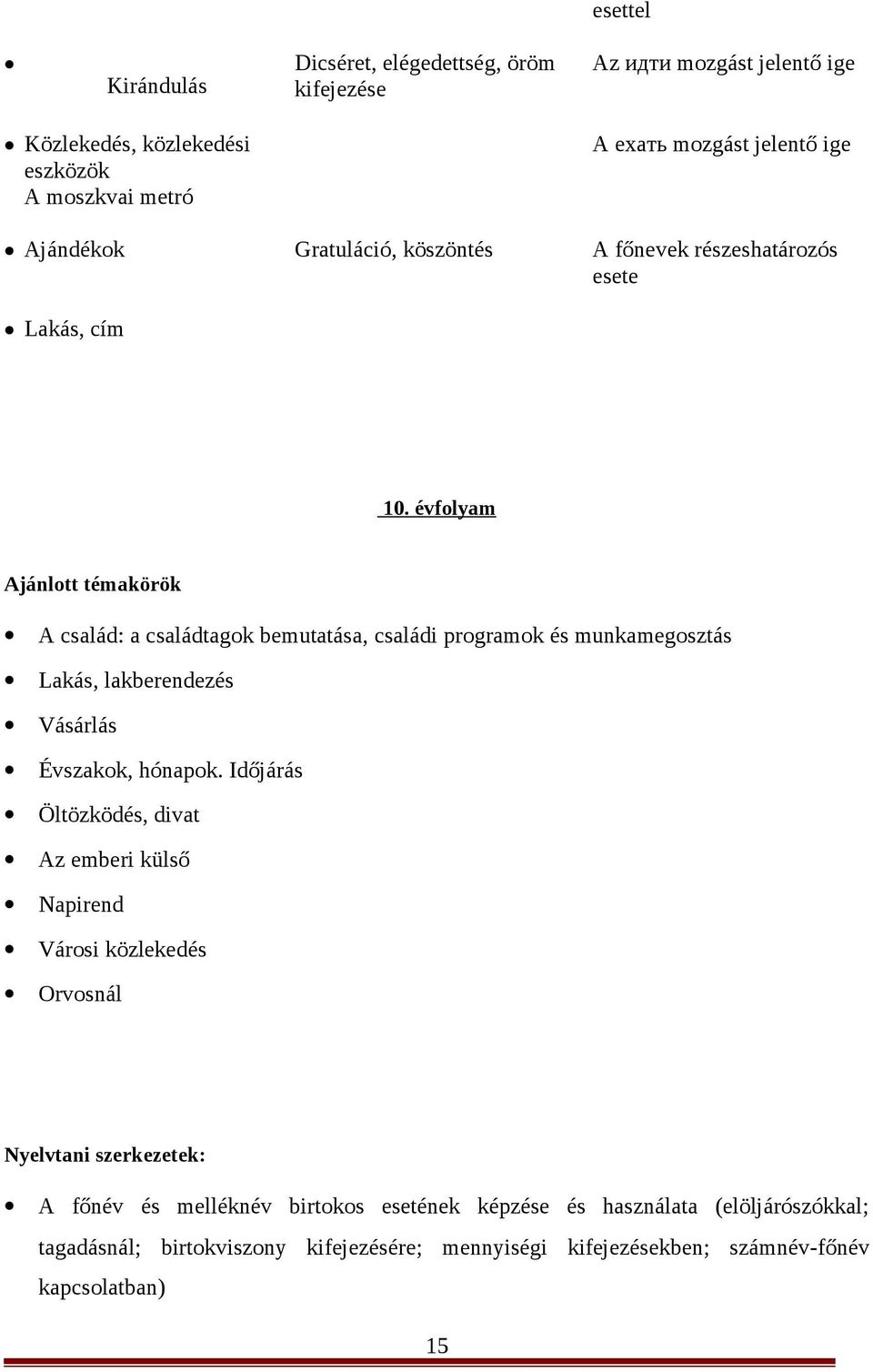 évfolyam Ajánlott témakörök A család: a családtagok bemutatása, családi programok és munkamegosztás Lakás, lakberendezés Vásárlás Évszakok, hónapok.