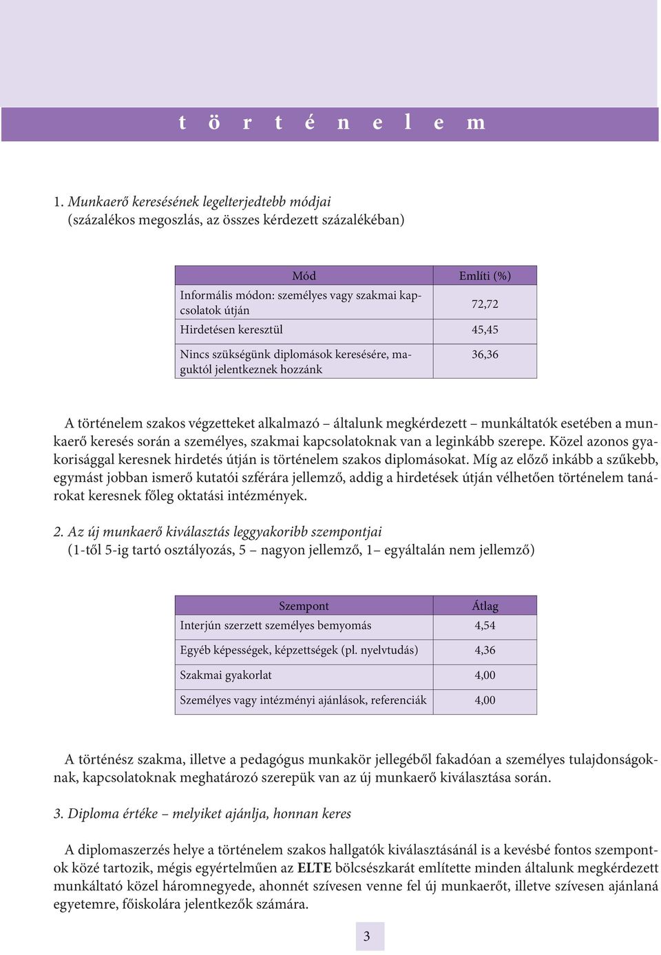 megkérdezett munkáltatók esetében a munkaerő keresés során a személyes, szakmai kapcsolatoknak van a leginkább szerepe. Közel azonos gyakorisággal keresnek hirdetés is történelem szakos diplomásokat.