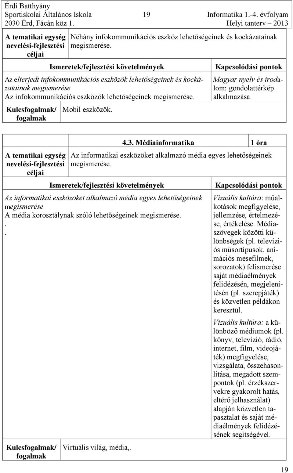 Magyar nyelv és irodalom: gondolattérkép alkalmazása. 4.3. Médiainformatika 1 óra Az informatikai eszközöket alkalmazó média egyes lehetőségeinek megismerése.