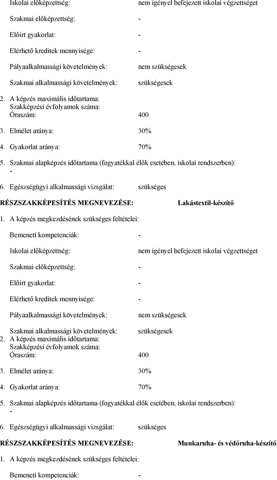 Szakmai alapképzés időtartama (fogyatékkal élők esetében, iskolai rendszerben): - 6. Egészségügyi alkalmassági vizsgálat: szükséges RÉSZSZAKKÉPESÍTÉS MEGNEVEZÉSE: Lakástextil-készítő 1.