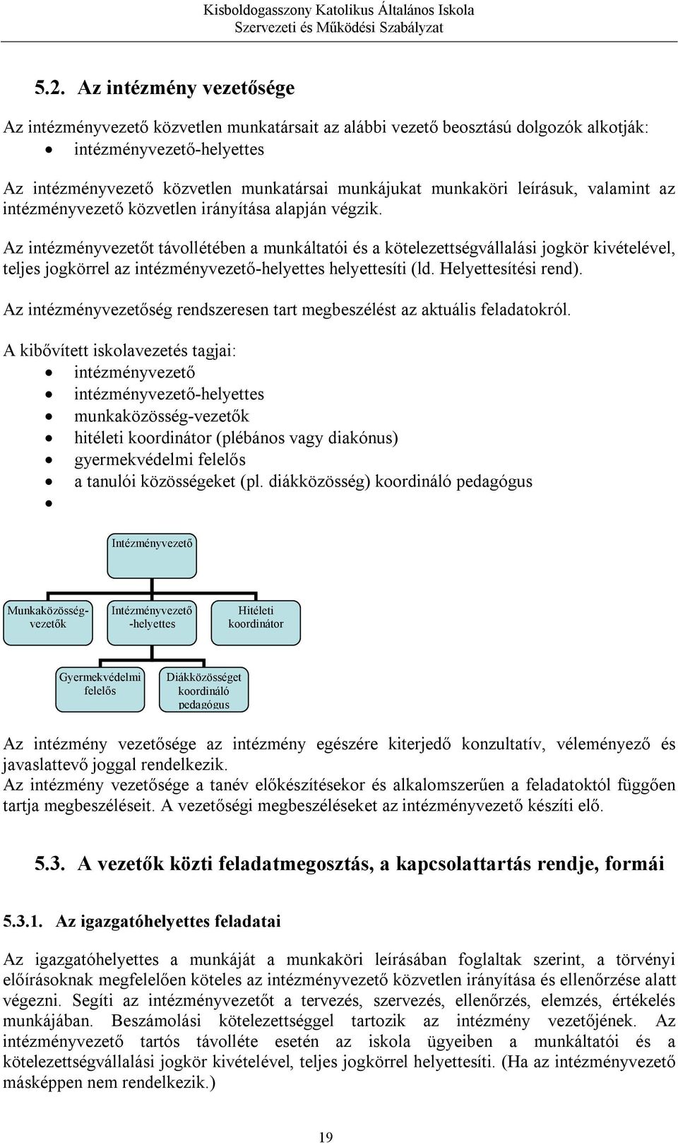 Az intézményvezetőt távollétében a munkáltatói és a kötelezettségvállalási jogkör kivételével, teljes jogkörrel az intézményvezető-helyettes helyettesíti (ld. Helyettesítési rend).