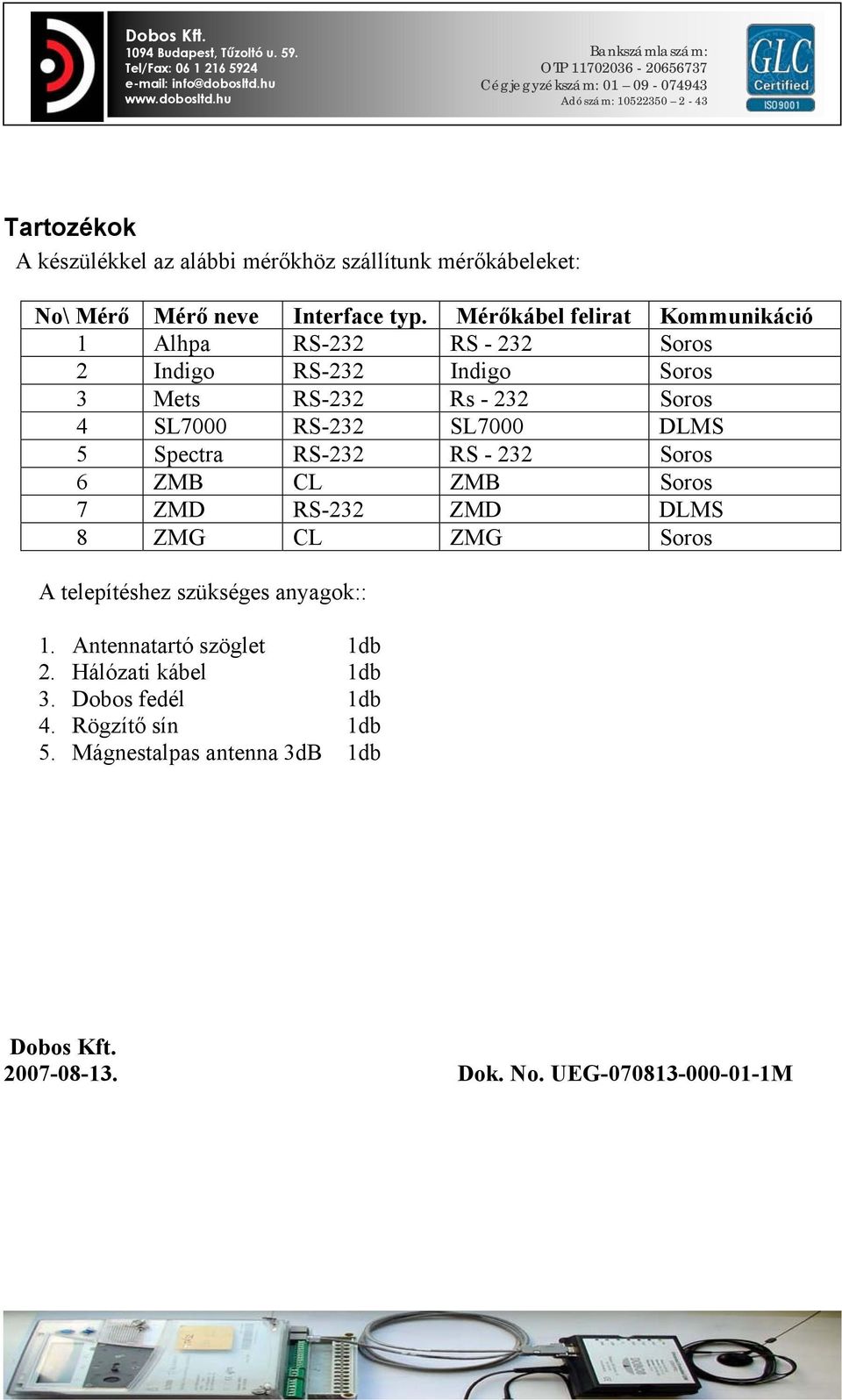 SL7000 DLMS 5 Spectra RS-232 RS - 232 Soros 6 ZMB CL ZMB Soros 7 ZMD RS-232 ZMD DLMS 8 ZMG CL ZMG Soros A telepítéshez szükséges