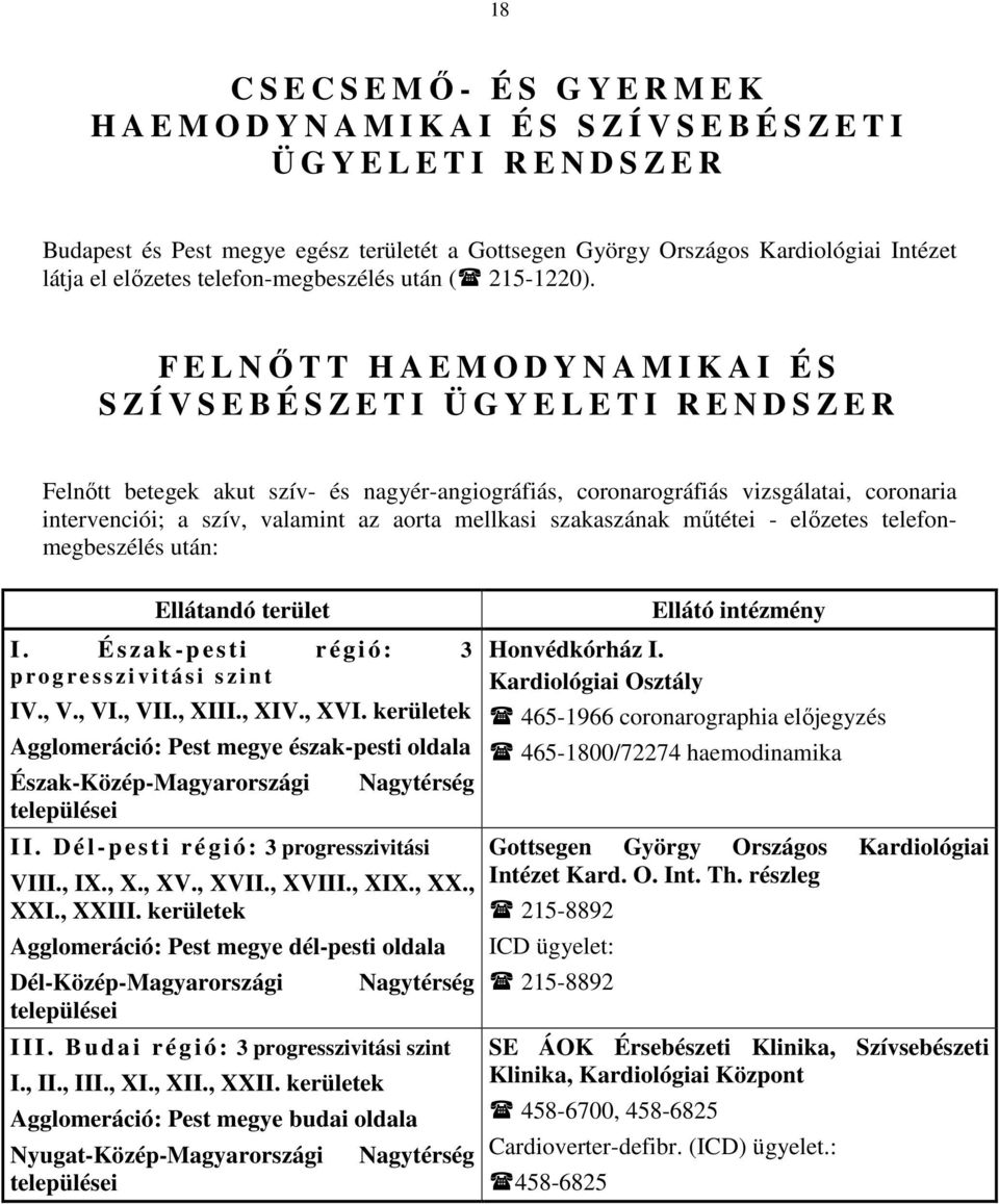 F E L NŐTT HAEMODYNAMIKAI ÉS S Z Í V S E B É S Z E T I Ü G Y E L E T I R E N D S Z E R Felnőtt betegek akut szív- és nagyér-angiográfiás, coronarográfiás vizsgálatai, coronaria intervenciói; a szív,