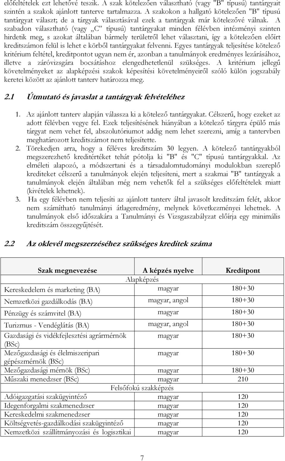 A szabadon választható (vagy C típusú) tantárgyakat minden félévben intézményi szinten hirdetik meg, s azokat általában bármely területről lehet választani, így a kötelezően előírt kreditszámon felül